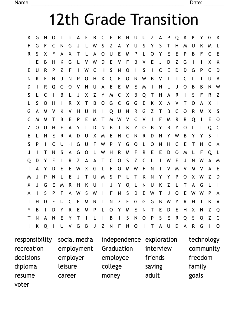 12th Grade Transition Word Search WordMint