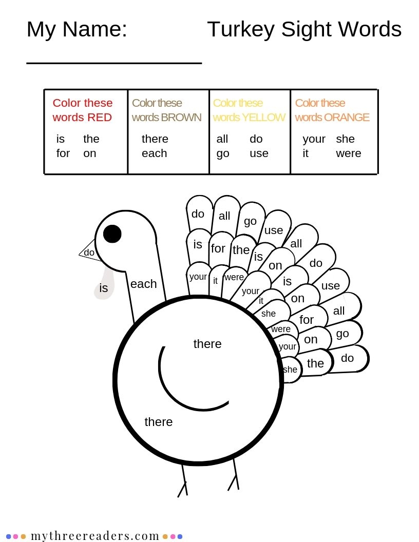 15 Must Try Printable Fall Sight Word Activities With Turkeys Autumn Themes Color By Sight Word Thanksgiving Kindergarten Worksheets
