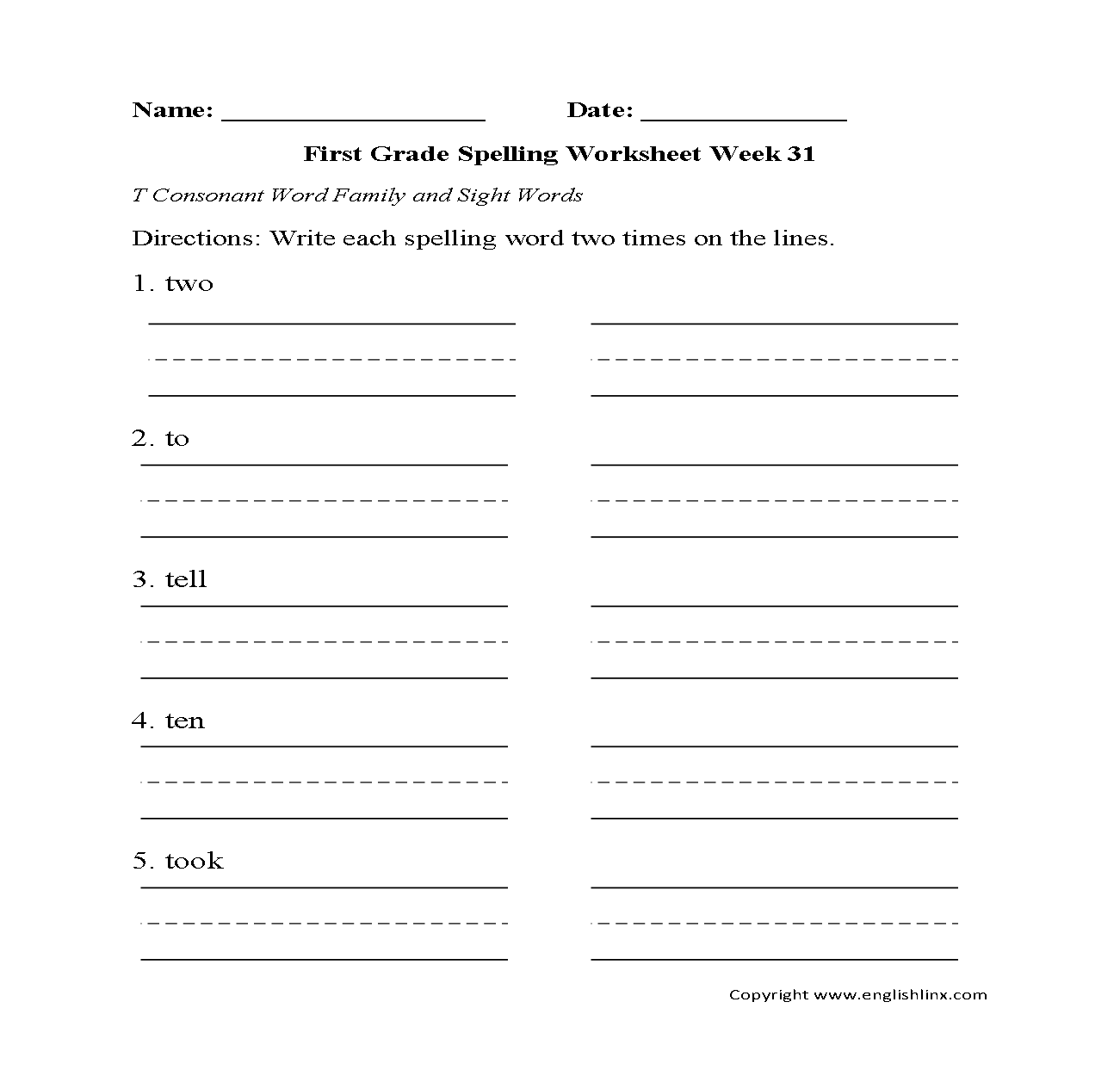 1st Grade Spelling Worksheets Printable Word Lists Weekly Practice