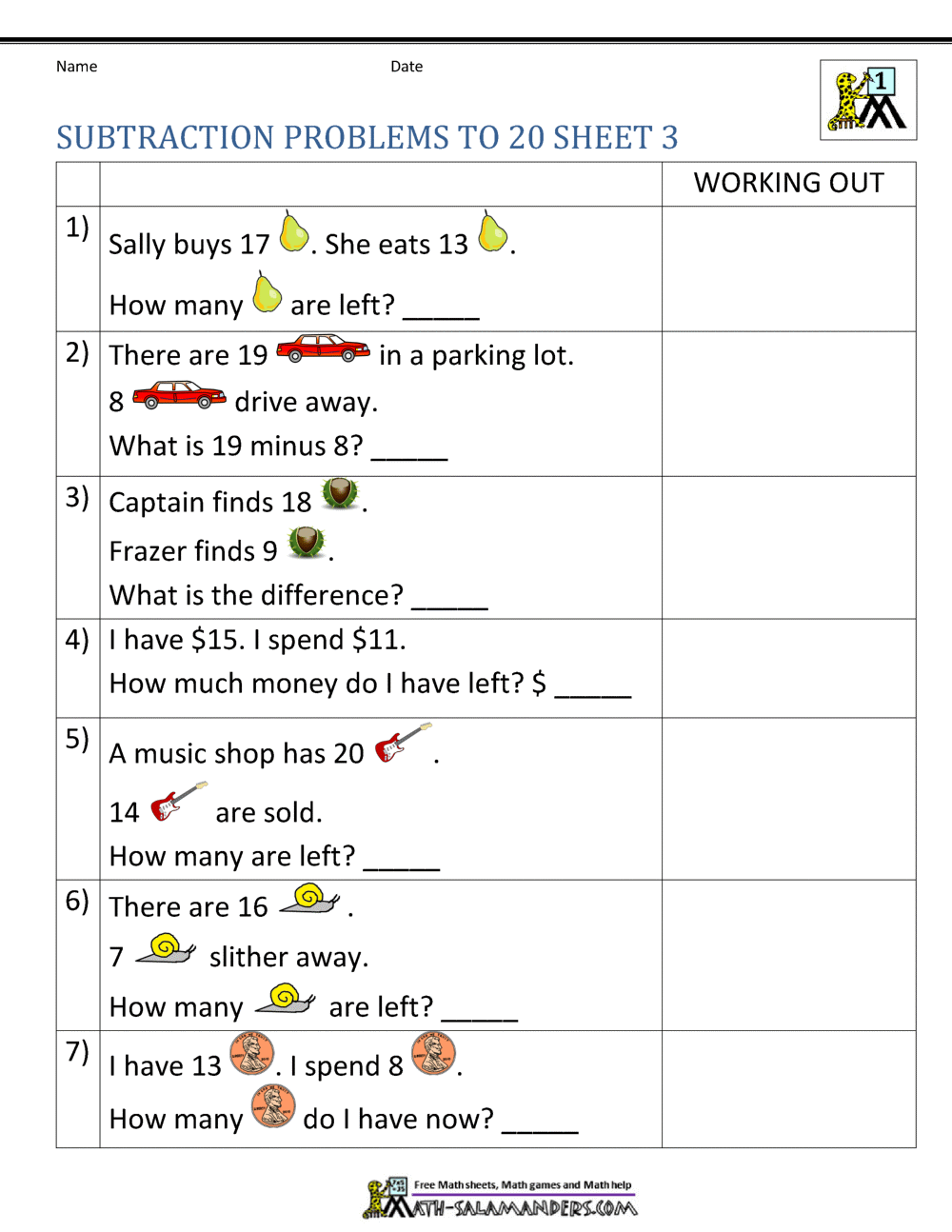1st Grade Subtraction Word Problems Up To 20