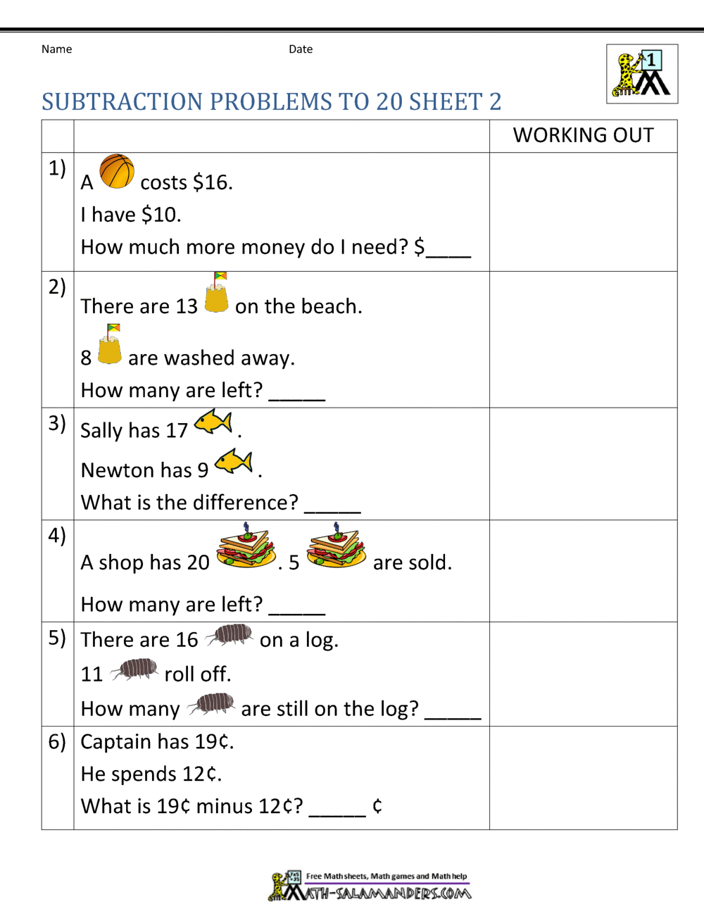 1st Grade Subtraction Word Problems