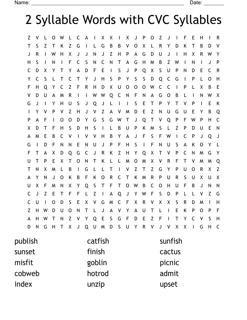 2 Syllable Words With CVC Syllables Word Search WordMint