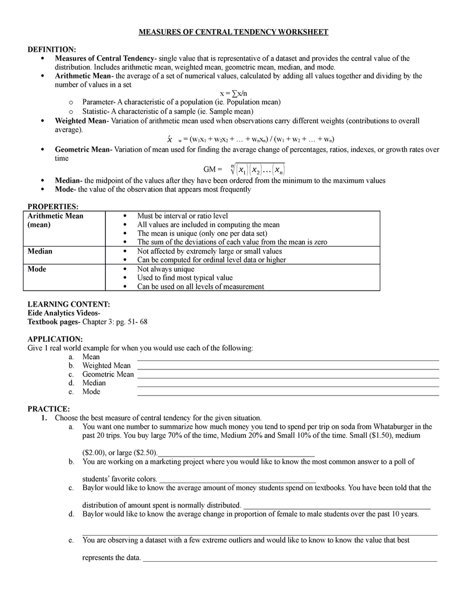 3 1 Measures Of Central Tendency Worksheet 3 MEASURES OF CENTRAL Worksheets Library