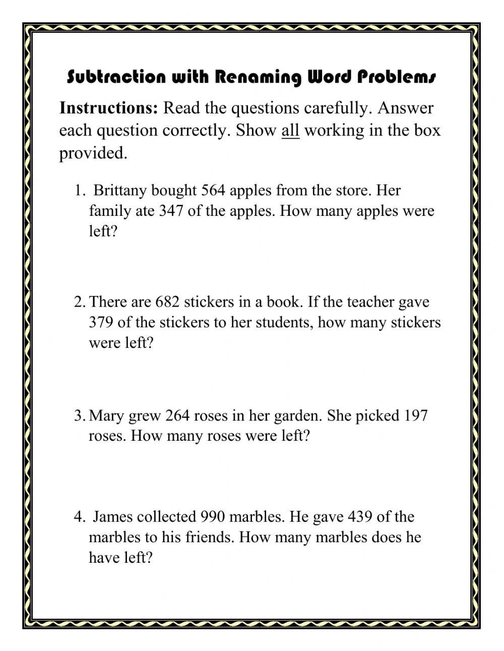 3 Digit Subtraction With Renaming Word Problems Worksheet Live Worksheets Library