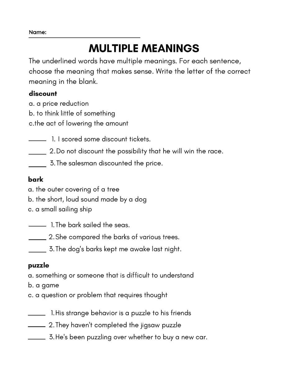 Multiple Meaning Words Worksheets Worsheets Library Worksheets Library