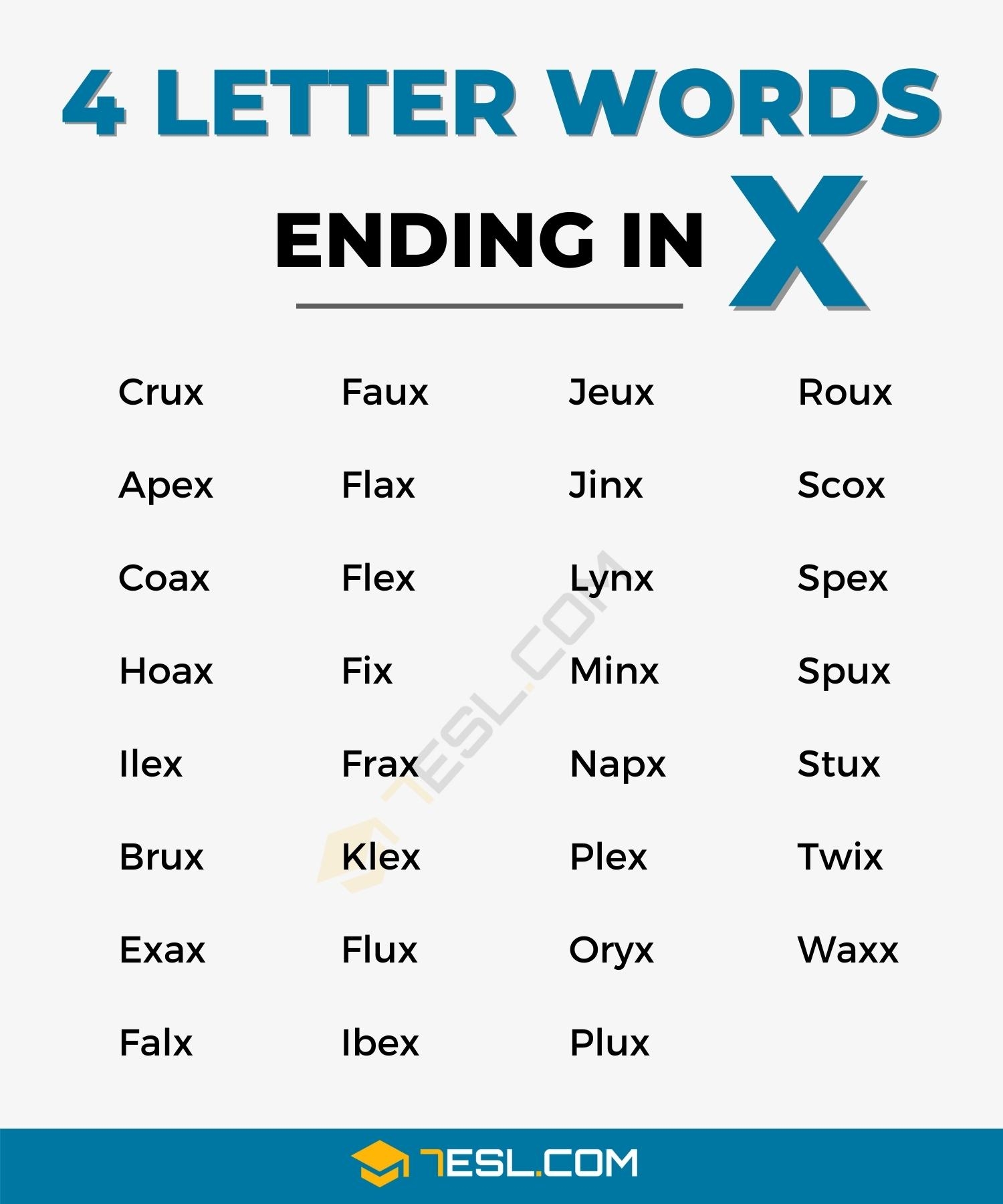 4 Letter Words Ending In X 31 Words In English 7ESL