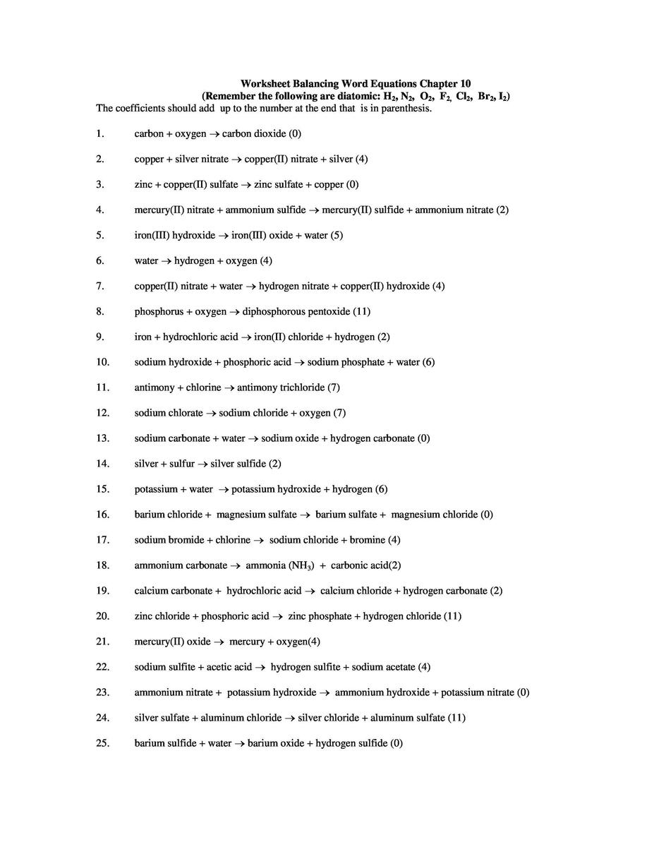 Printable Balancing Chemical Equations Worksheets