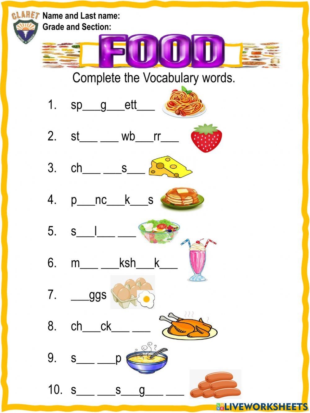 4th Grade Vocabulary Unit 6 Food Worksheet Worksheets Library