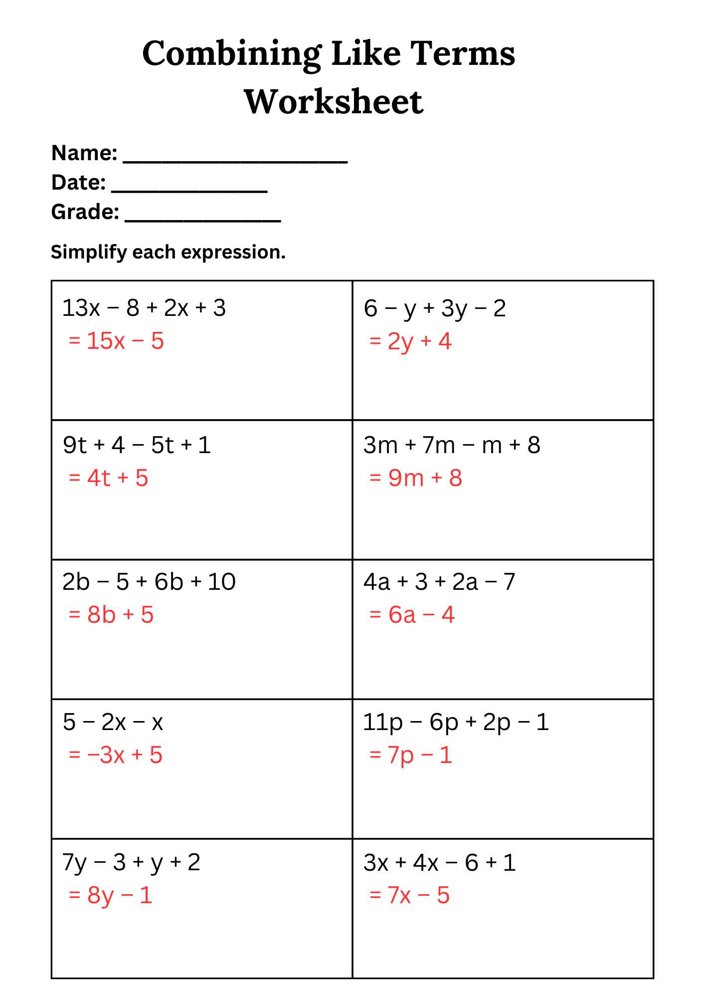 50 Free Printable Combining Like Terms Worksheet To Download In PDF