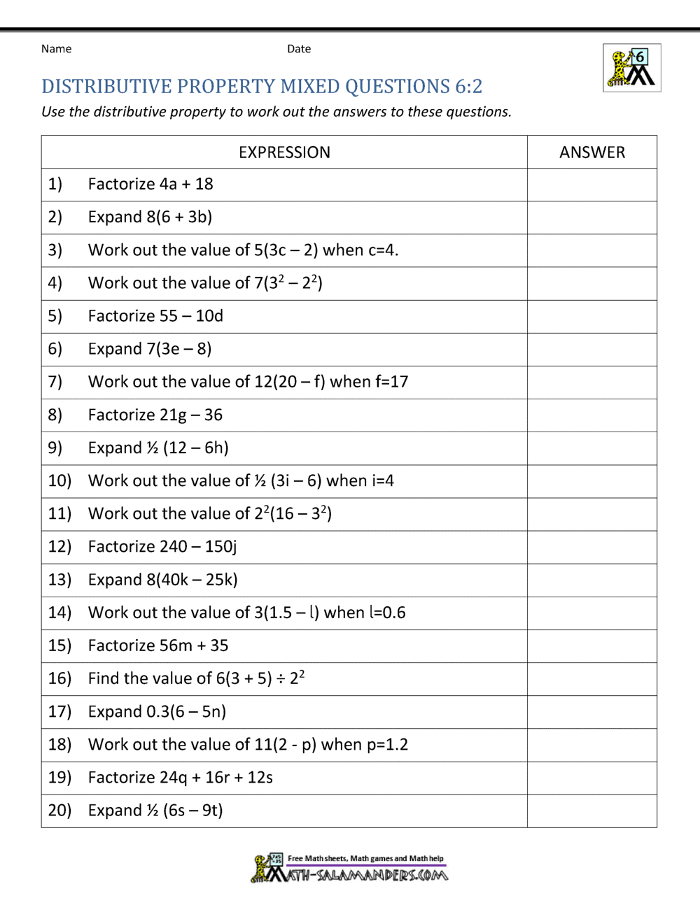 6th Grade Distributive Property Worksheets 6th Grade Distributive Property Worksheets