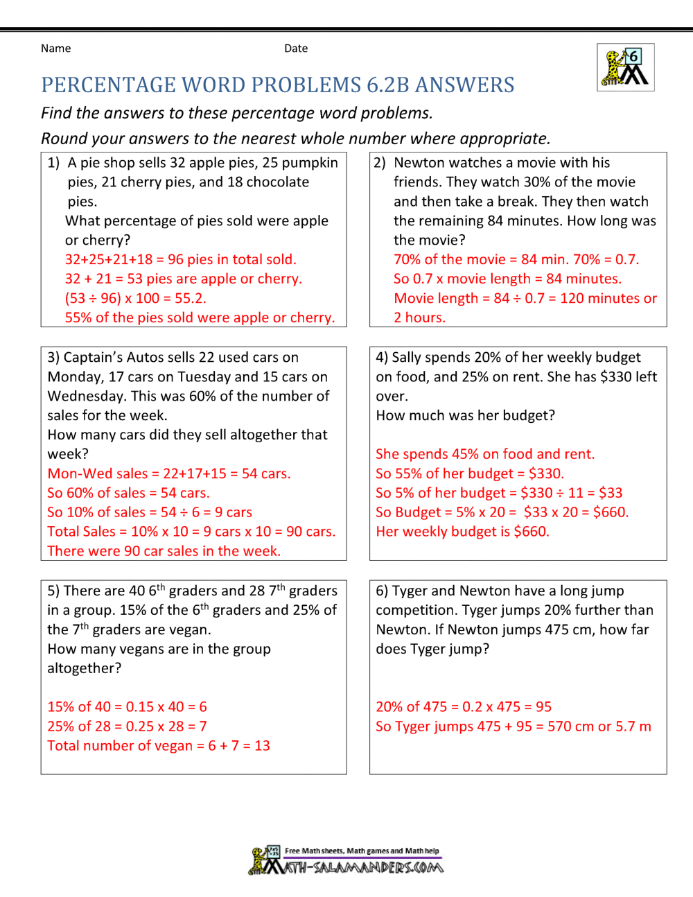6th Grade Percent Word Problems