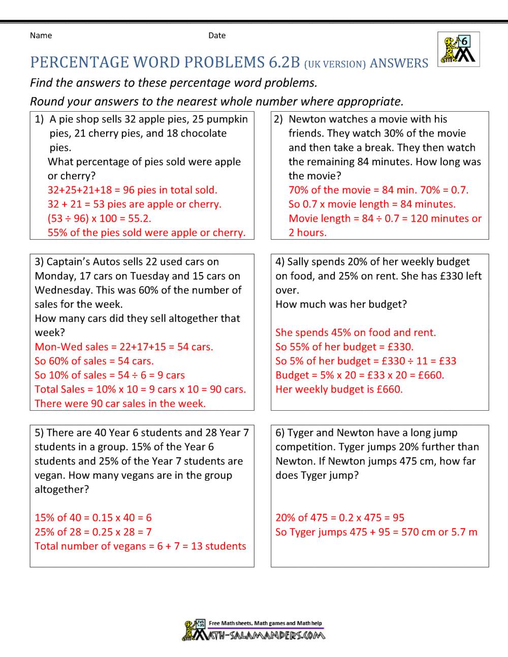6th Grade Percent Word Problems