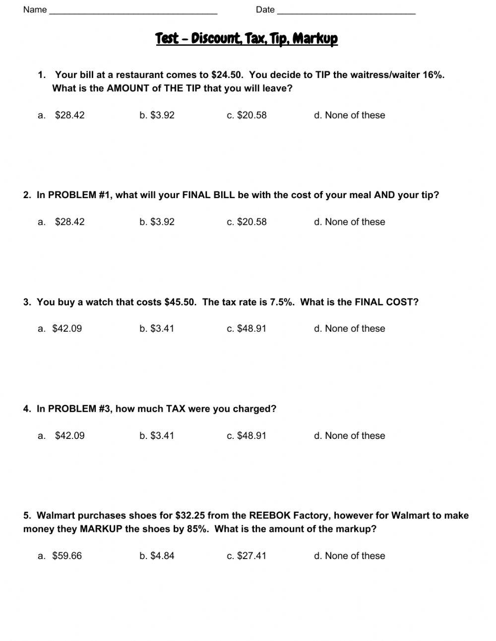 7 Rp 3 Quiz Part 1 Tax Tip Markup Discount Online Exercise For Worksheets Library 7 Rp 3 Quiz Part 1 Tax Tip Markup Discount Online Exercise For Worksheets Library