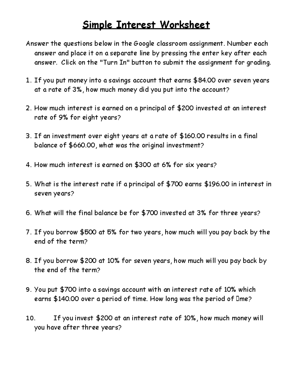 9 9 Simple Interest Problems And Solutions Worksheet Studocu