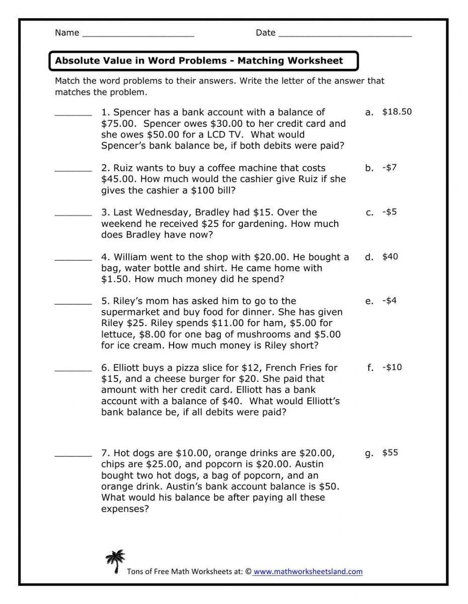 Absolute Value Word Problems Matching Worksheet Worksheets Library