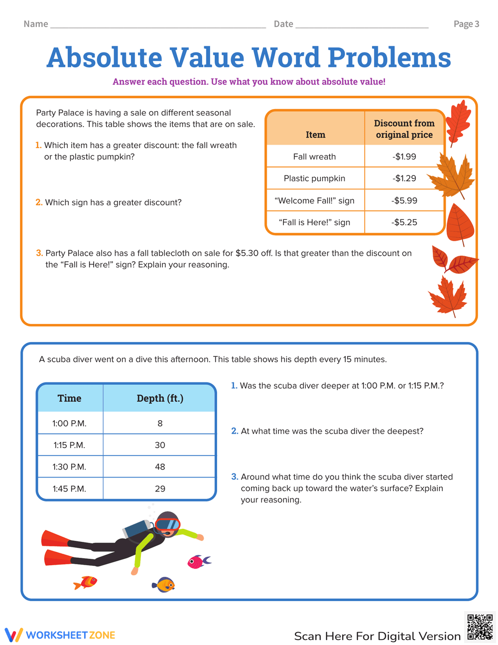 Absolute Value Word Problems Worksheet