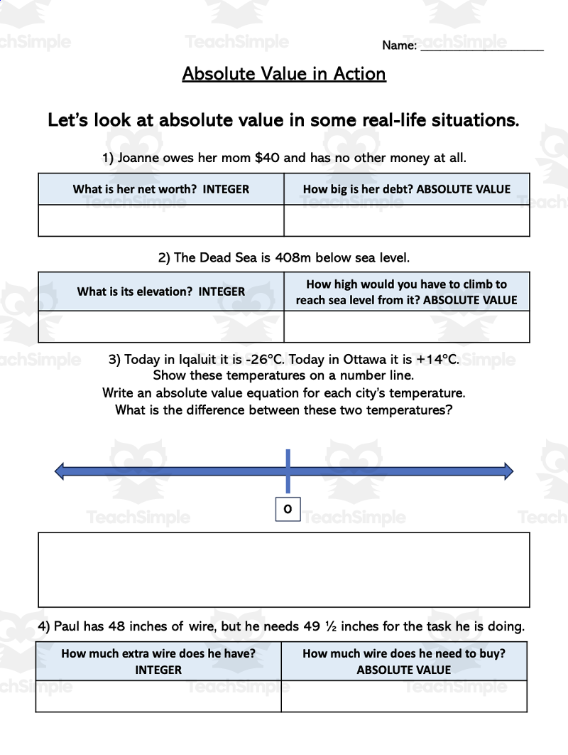 Absolute Value Worksheets Real World 6th Grade Math 6 NS C 7 C By Teach Simple