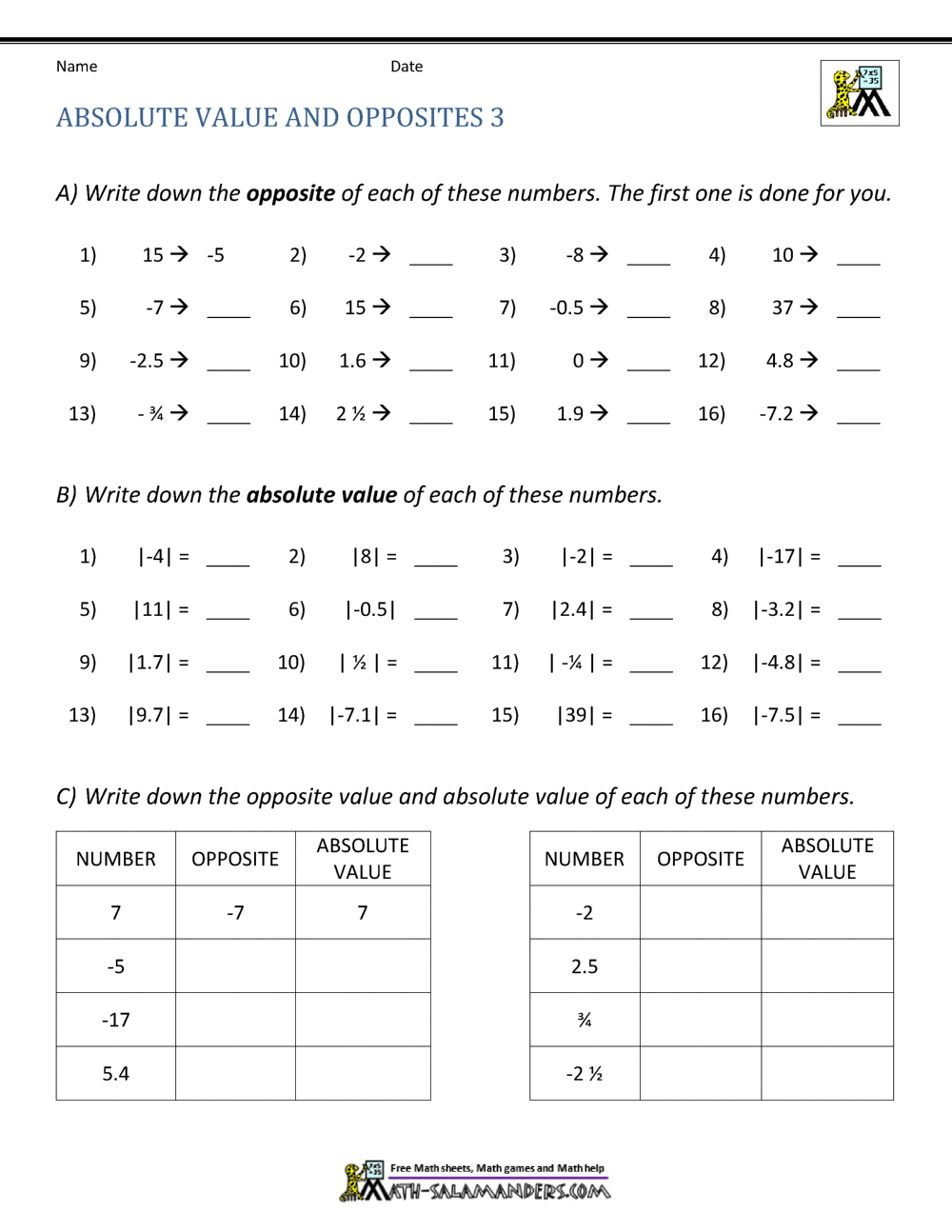 Absolute Value Word Problems Matching Worksheet Worksheets Library