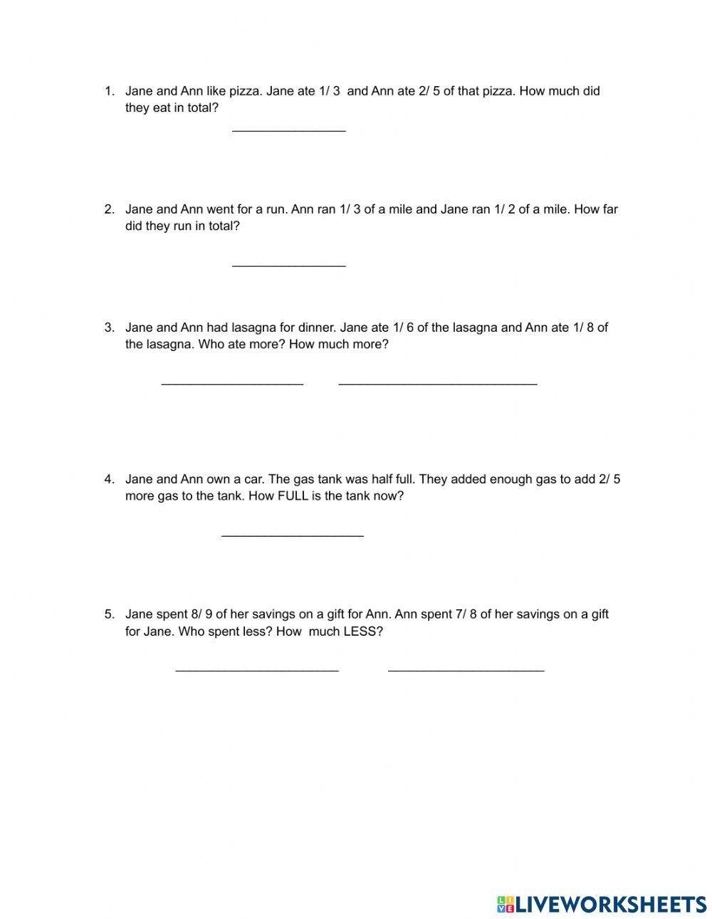 Adding And Subtracting Fractions With Unlike Denominators Word Worksheets Library
