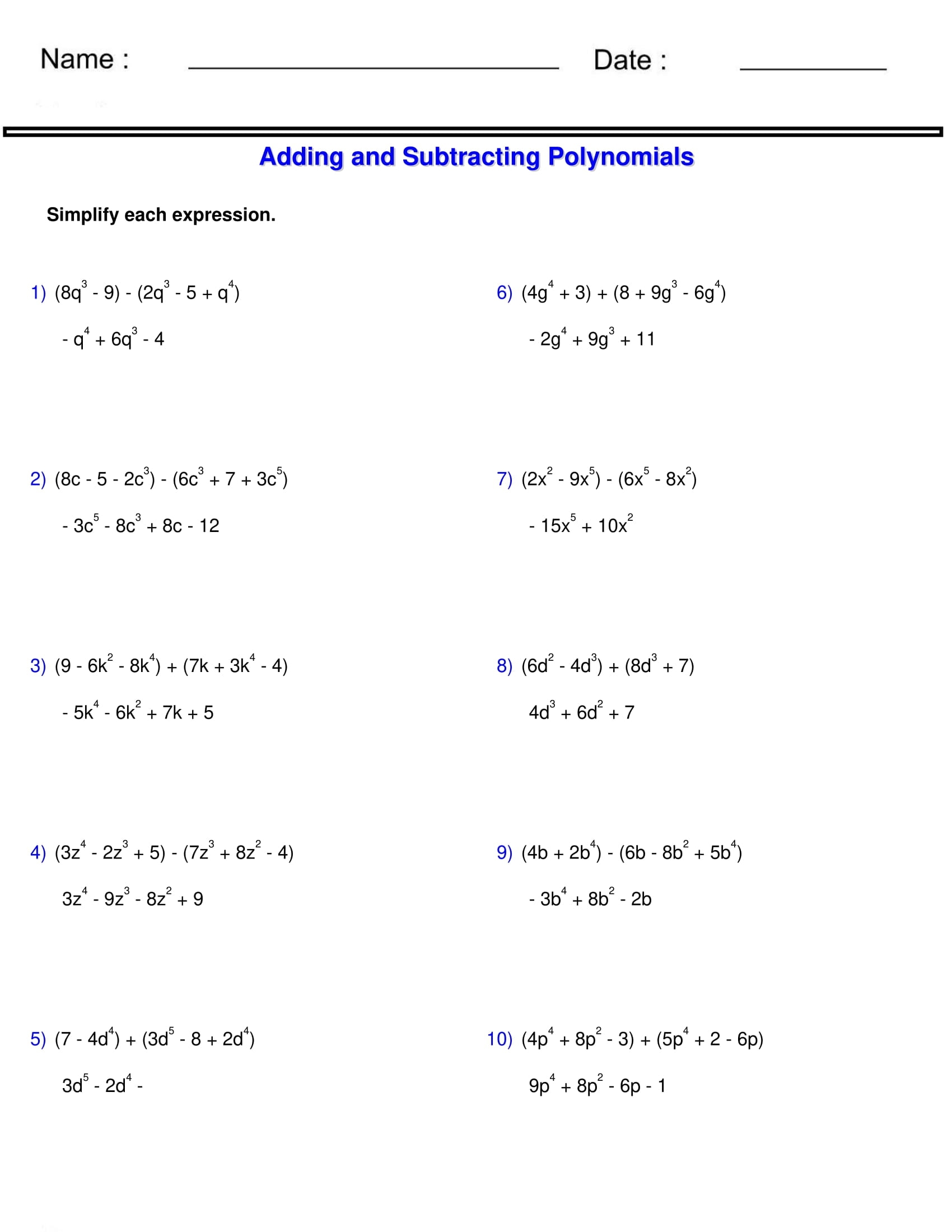 Adding And Subtracting Polynomials 2 Polynomials Made By Teachers Adding Subtracting Polynomials Math Lib Activity All Things Algebra