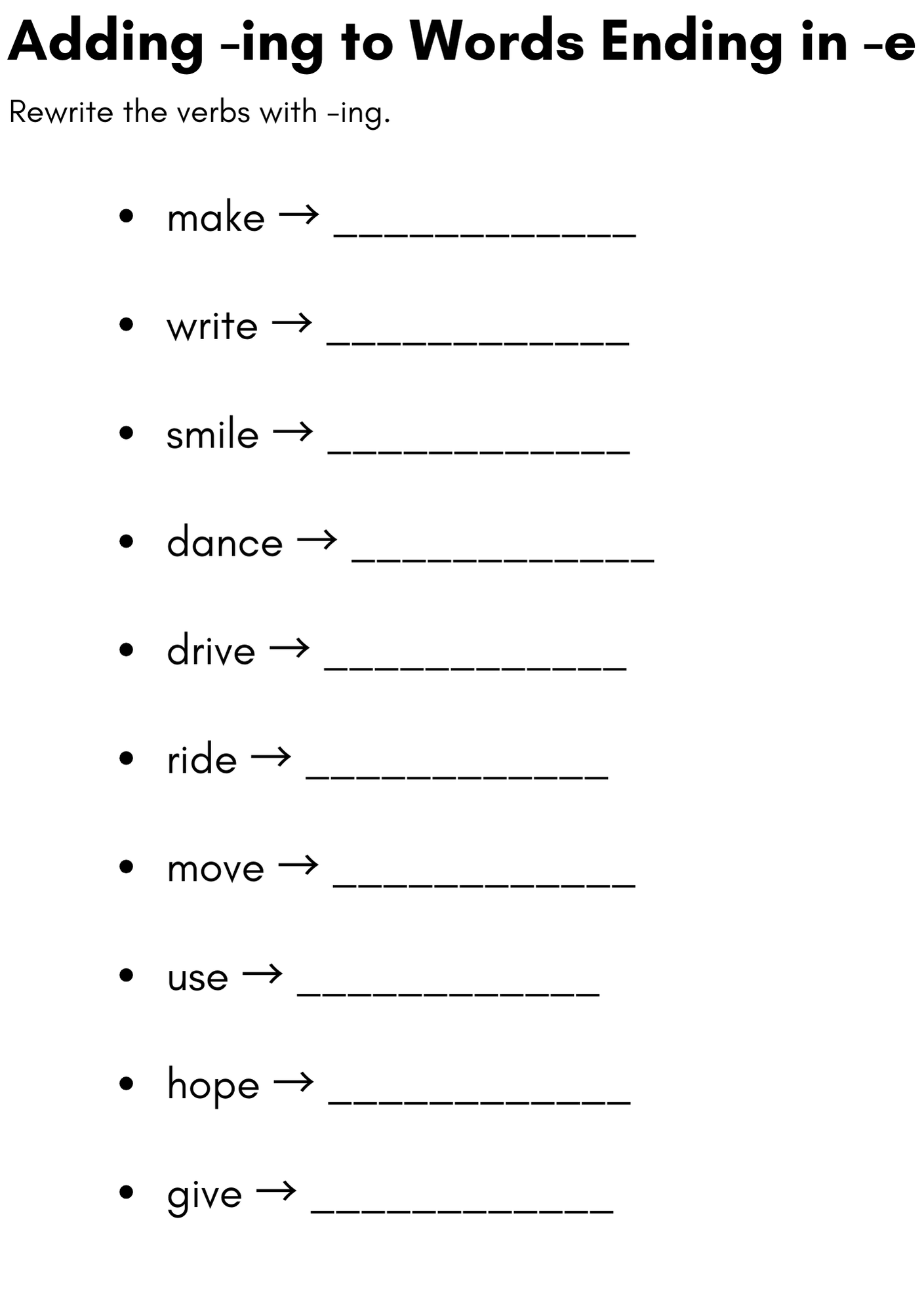 Adding Ing To Words Ending In E Worksheets Teaching Resources