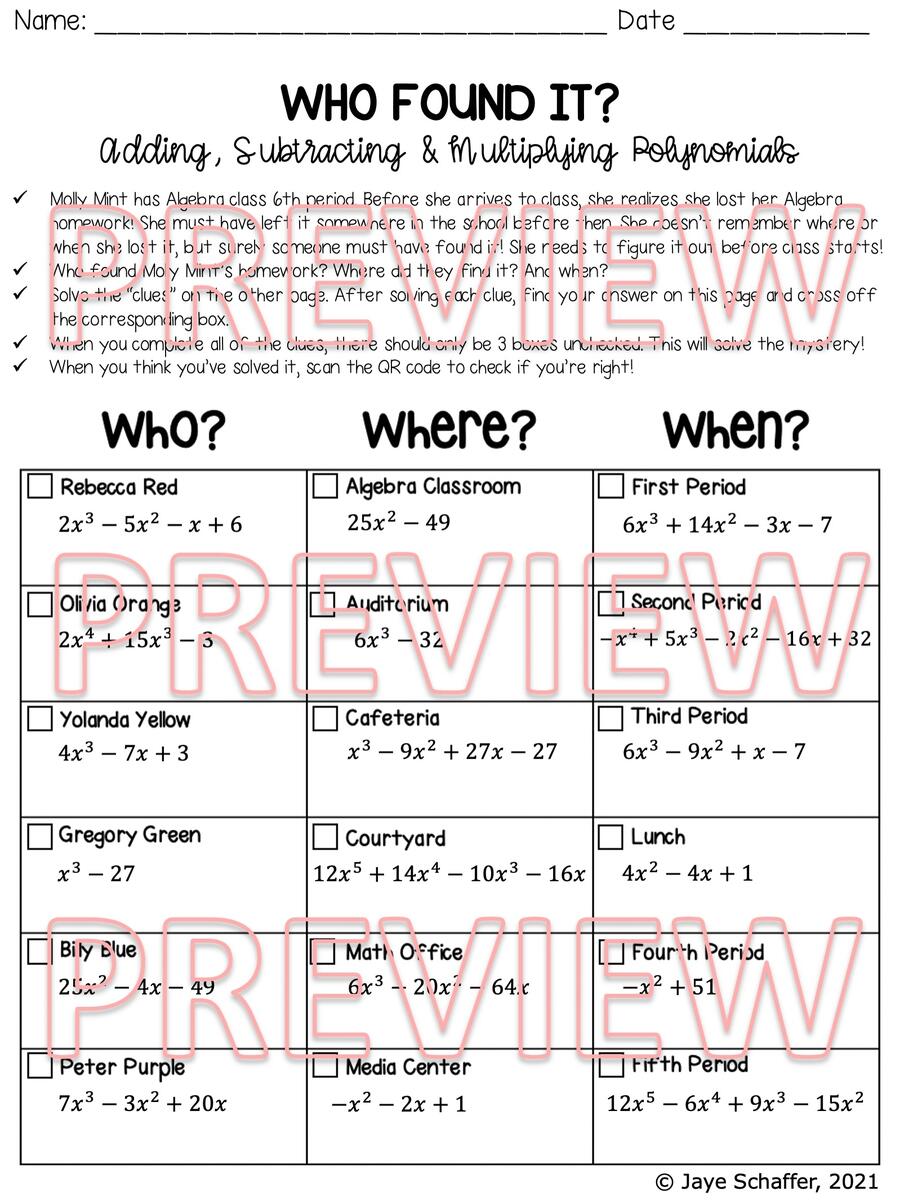 Adding Subtracting And Multiplying Polynomials Clue Mystery Activity Classful Adding Subtracting And Multiplying Polynomials Clue Mystery Activity Classful