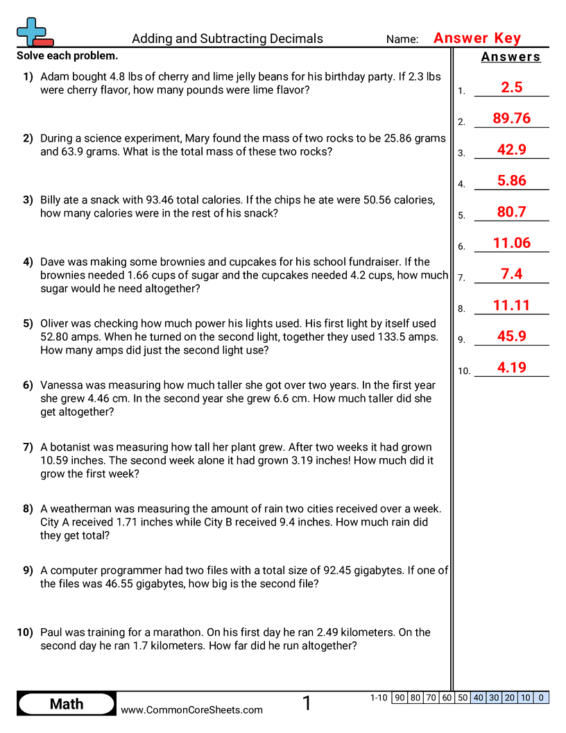 Adding Subtracting Decimals Worksheets