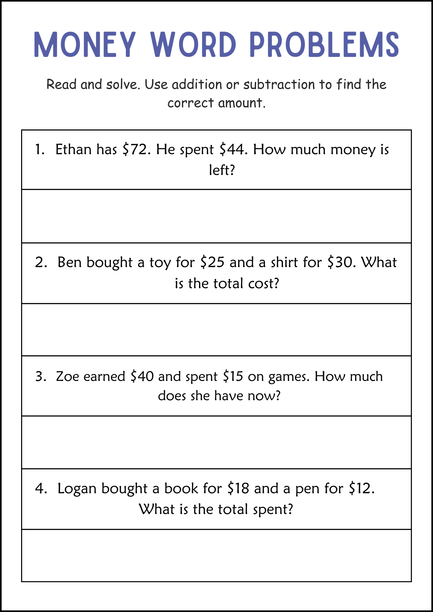 Addition And Subtraction Money Word Problems Math Worksheets For Grade 2 3 Made By Teachers
