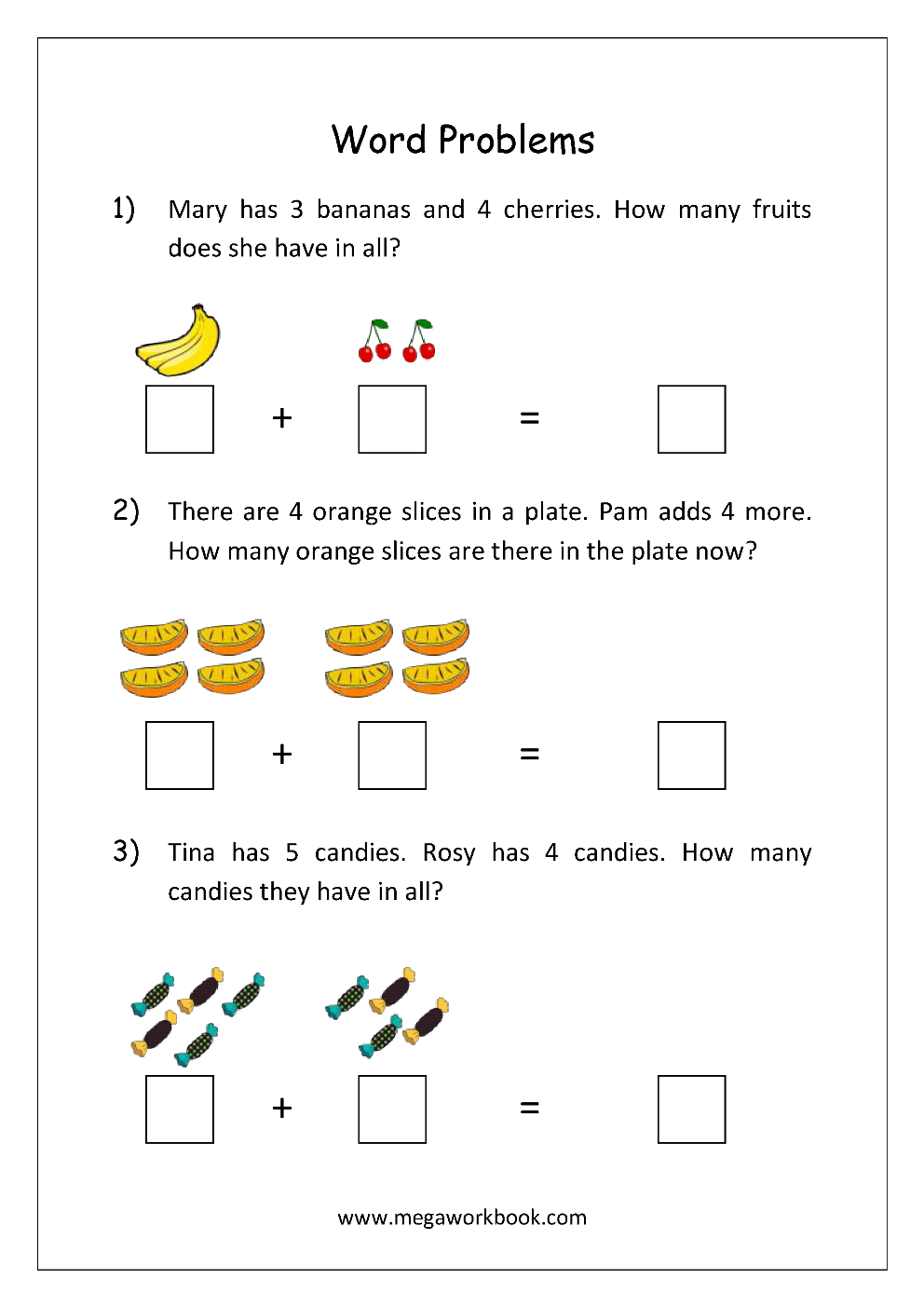 Addition And Subtraction Word Problems Worksheets For Kindergarten And Grade 1 Story Sums Story Problems MegaWorkbook