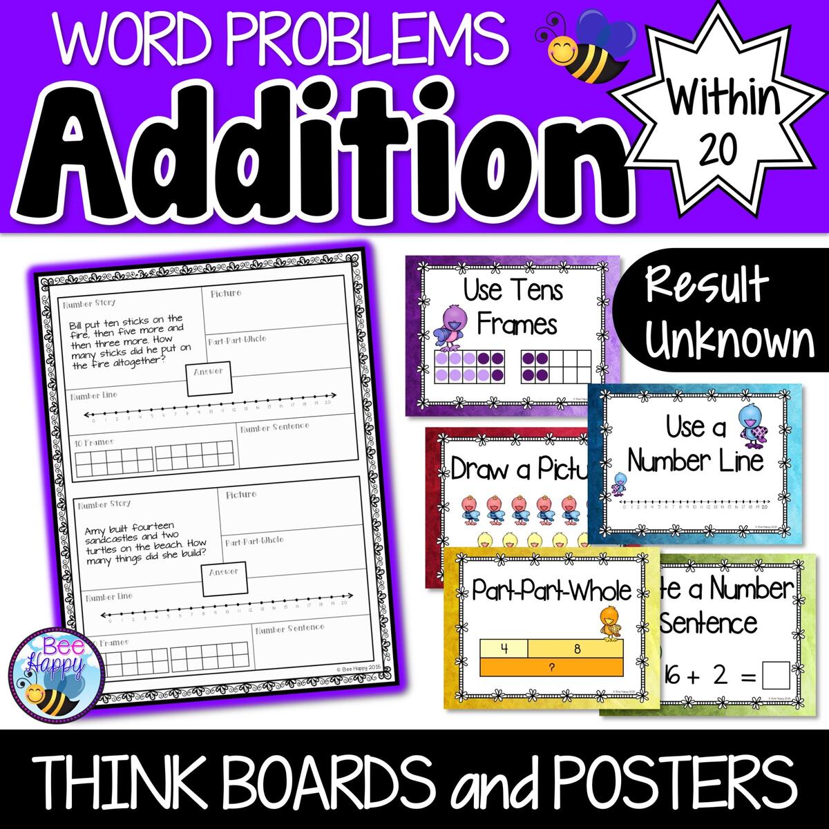 Addition Word Problems Within 20 Result Unknown Think Boards And Posters Sums Made By Teachers