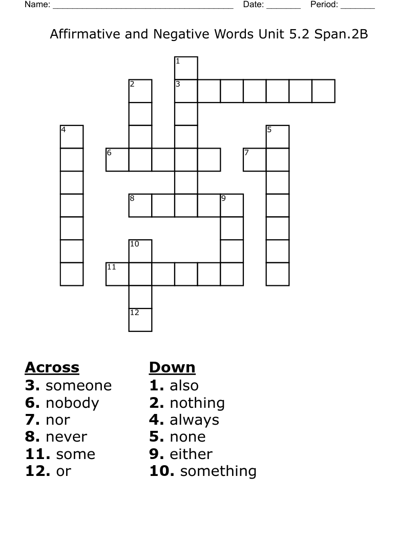 Affirmative And Negative Words Unit 5 2 Span 2B Crossword WordMint Affirmative And Negative Words Unit 5 2 Span 2B Crossword WordMint