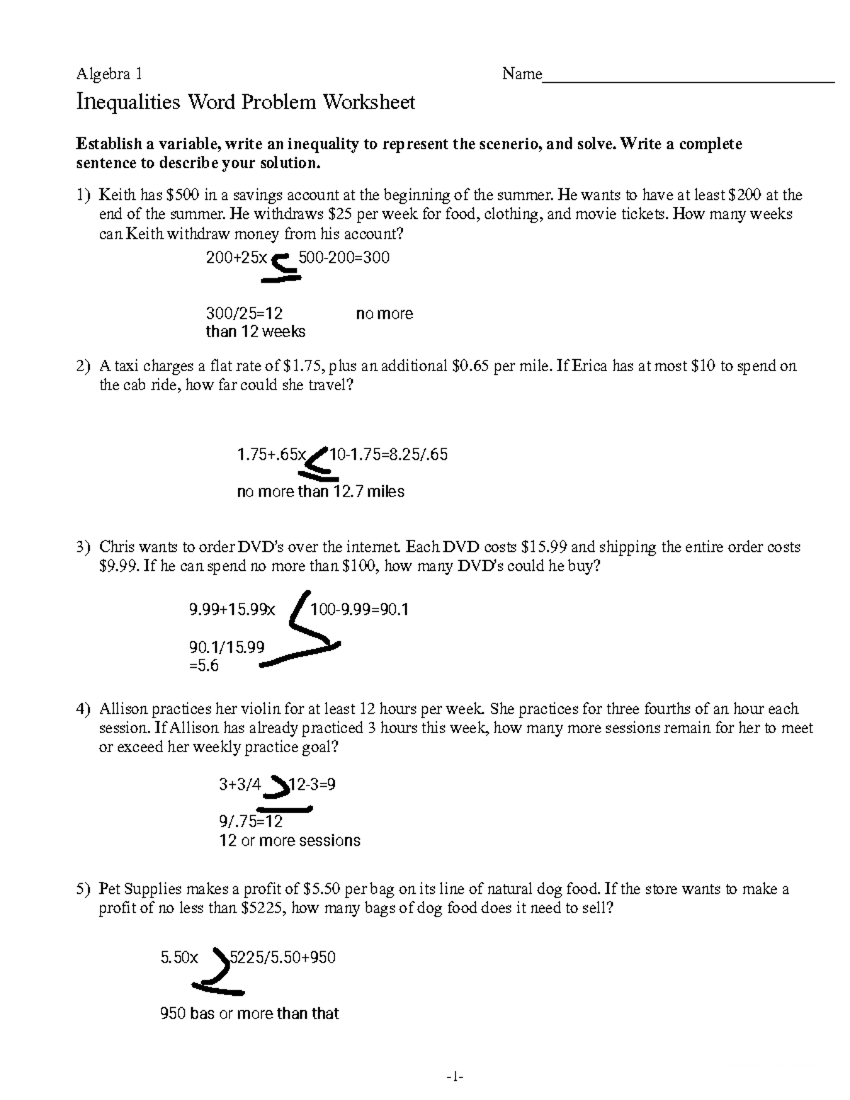 Algebra 1 Inequalities Word Problems Worksheet Studocu Algebra Word Problems Worksheet Worksheets Library