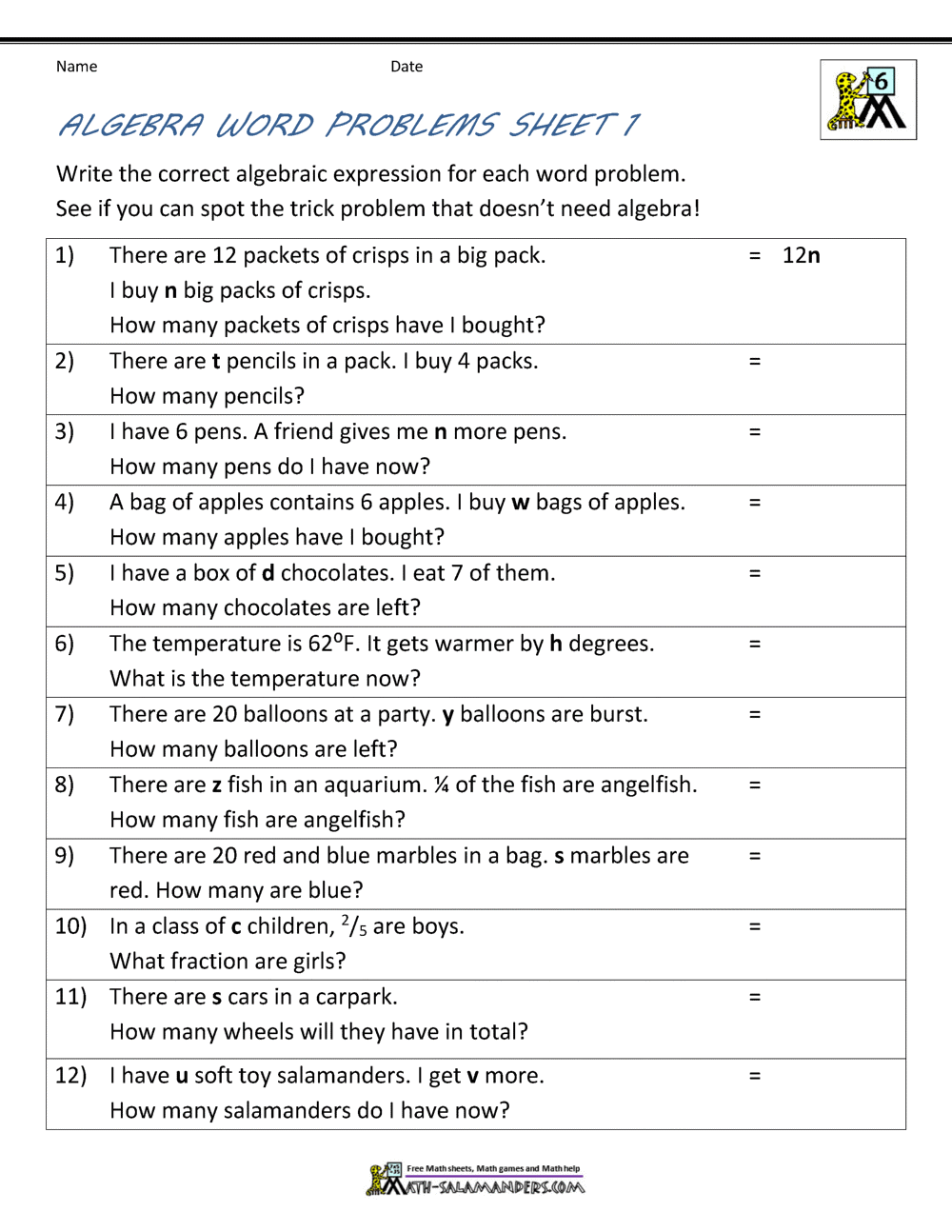 Algebra 1 Word Problem Worksheets Practice Sheets For Effective Learning