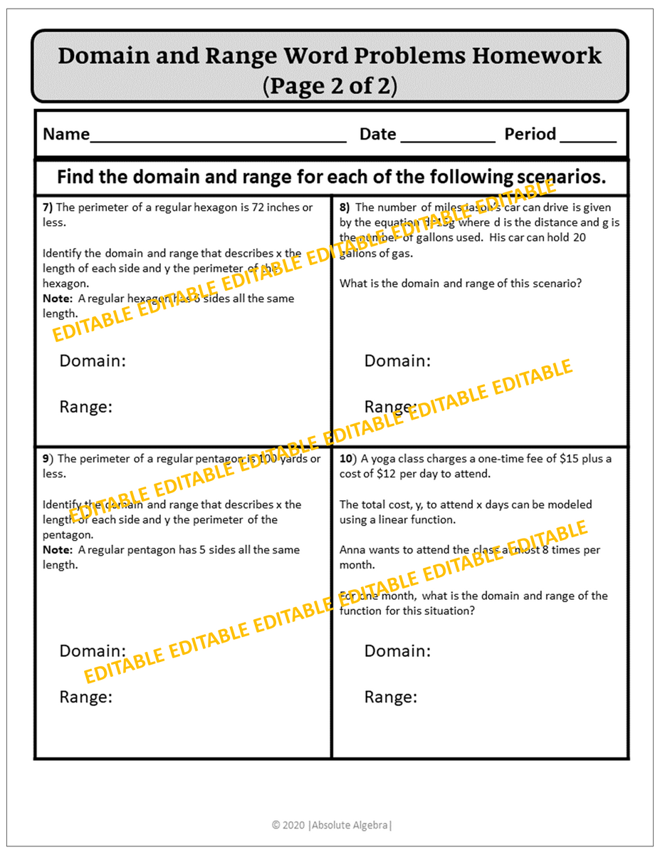 Algebra I Domain And Range Word Problems Notes Practice Homework Editable U2 Absolute Algebra