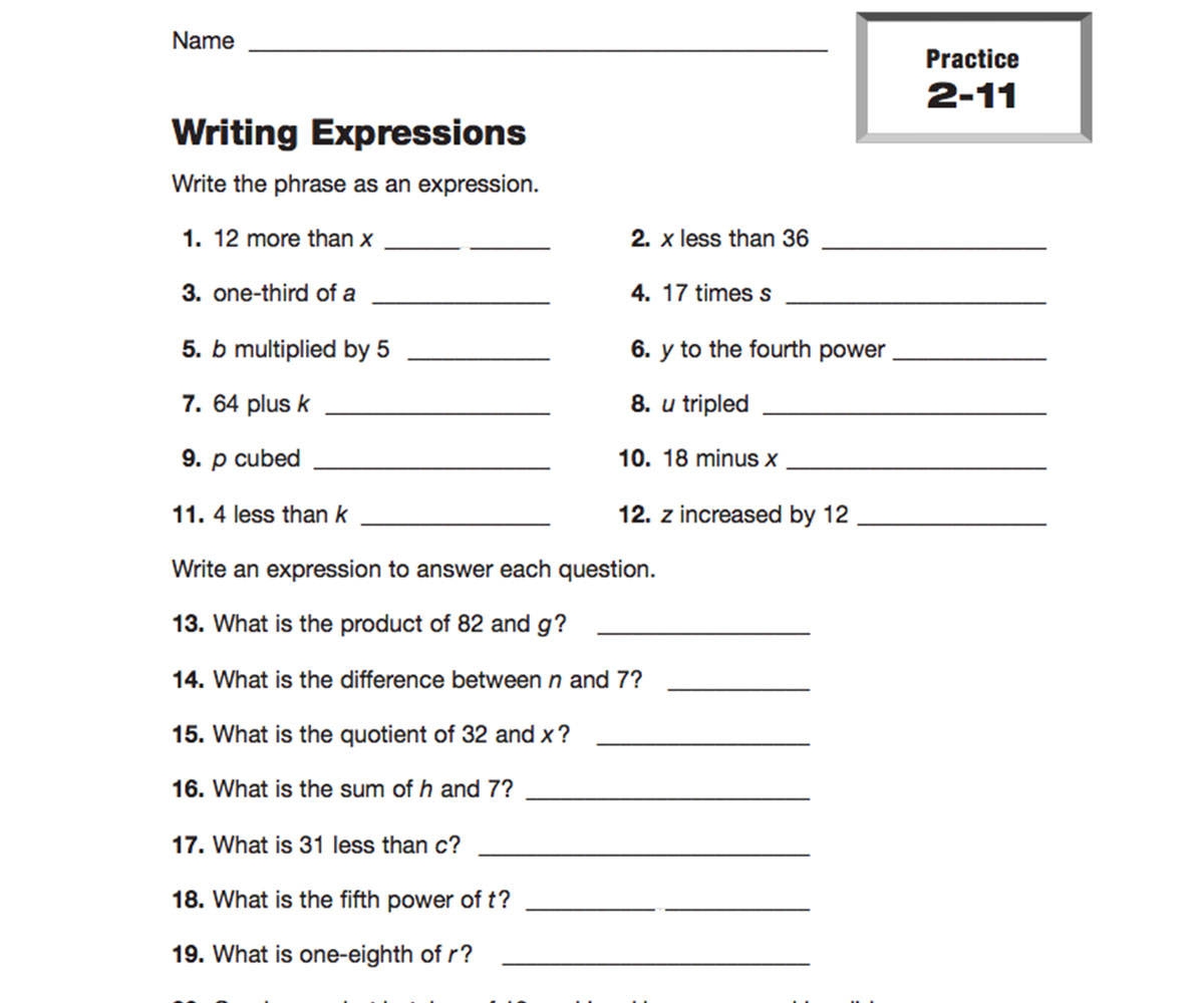 Algebra Worksheets