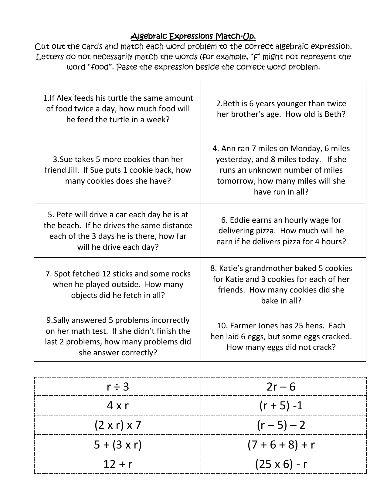 Algebraic Expressions Match Up Worksheet Algebraic Expressions Match Up Worksheet
