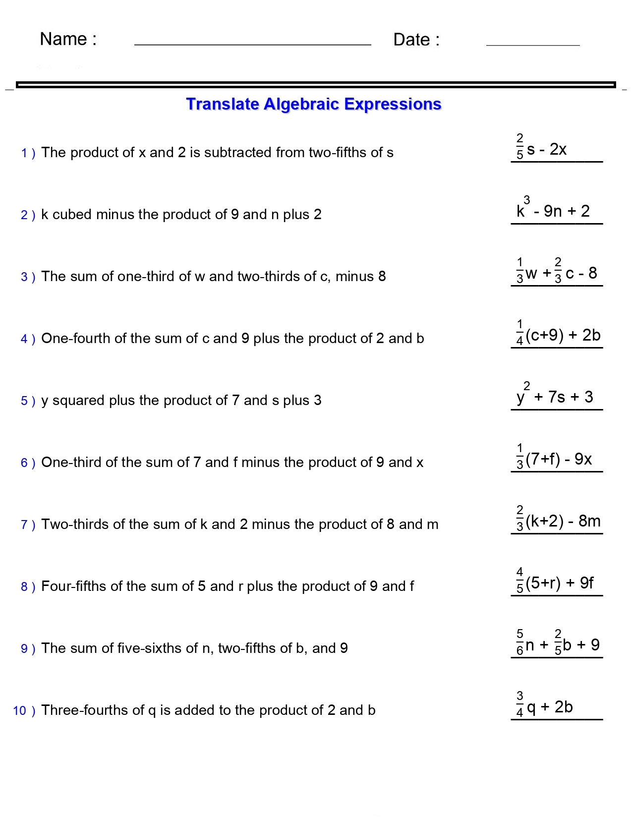 Algebraic Expressions Translate Phrases Worksheets Hard Two And Three Terms With Two Variables Made By Teachers Algebraic Expressions Translate Phrases Worksheets One And Two Terms Made By Teachers