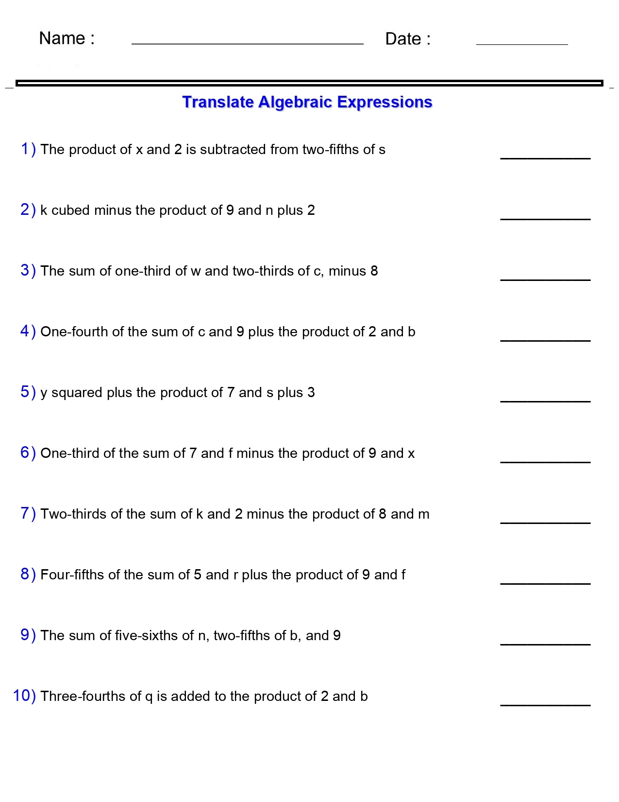 Algebraic Expressions Translate Phrases Worksheets Hard Two And Three Terms With Two Variables Made By Teachers Algebraic Expressions Translate Phrases Worksheets Hard Two And Three Terms With Two Variables Made By Teachers