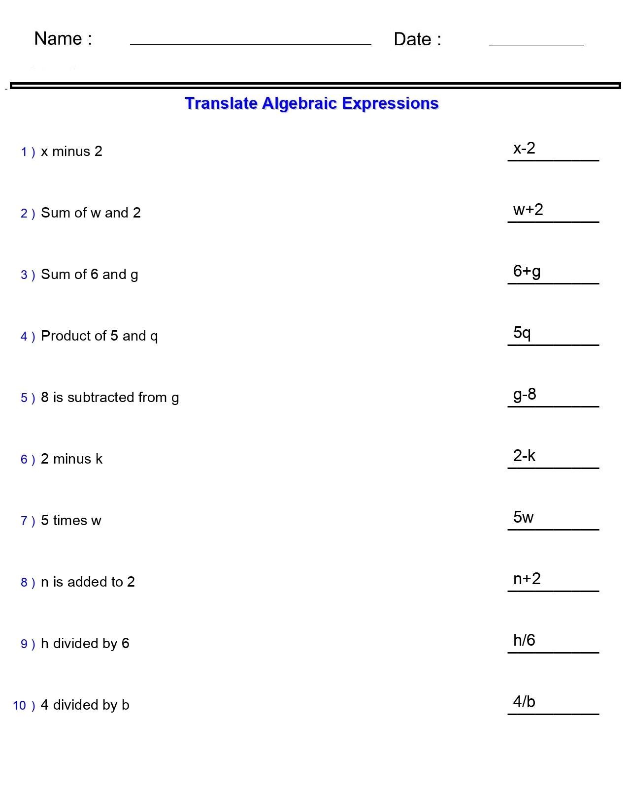 Algebraic Expressions Translate Phrases Worksheets One And Two Terms Made By Teachers Algebraic Expressions Translate Phrases Worksheets Two Terms With Single Worksheets Library