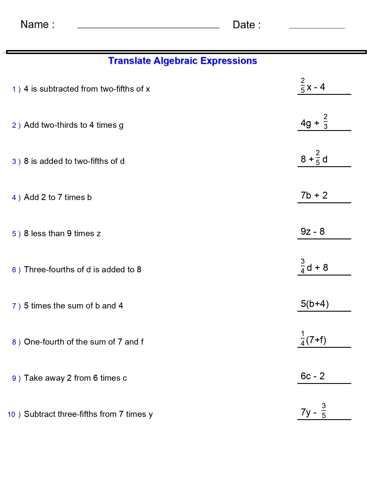 Algebraic Expressions Translate Phrases Worksheets Two Terms With Single Made By Teachers Algebraic Expressions Translate Phrases Worksheets Two Terms With Single Made By Teachers