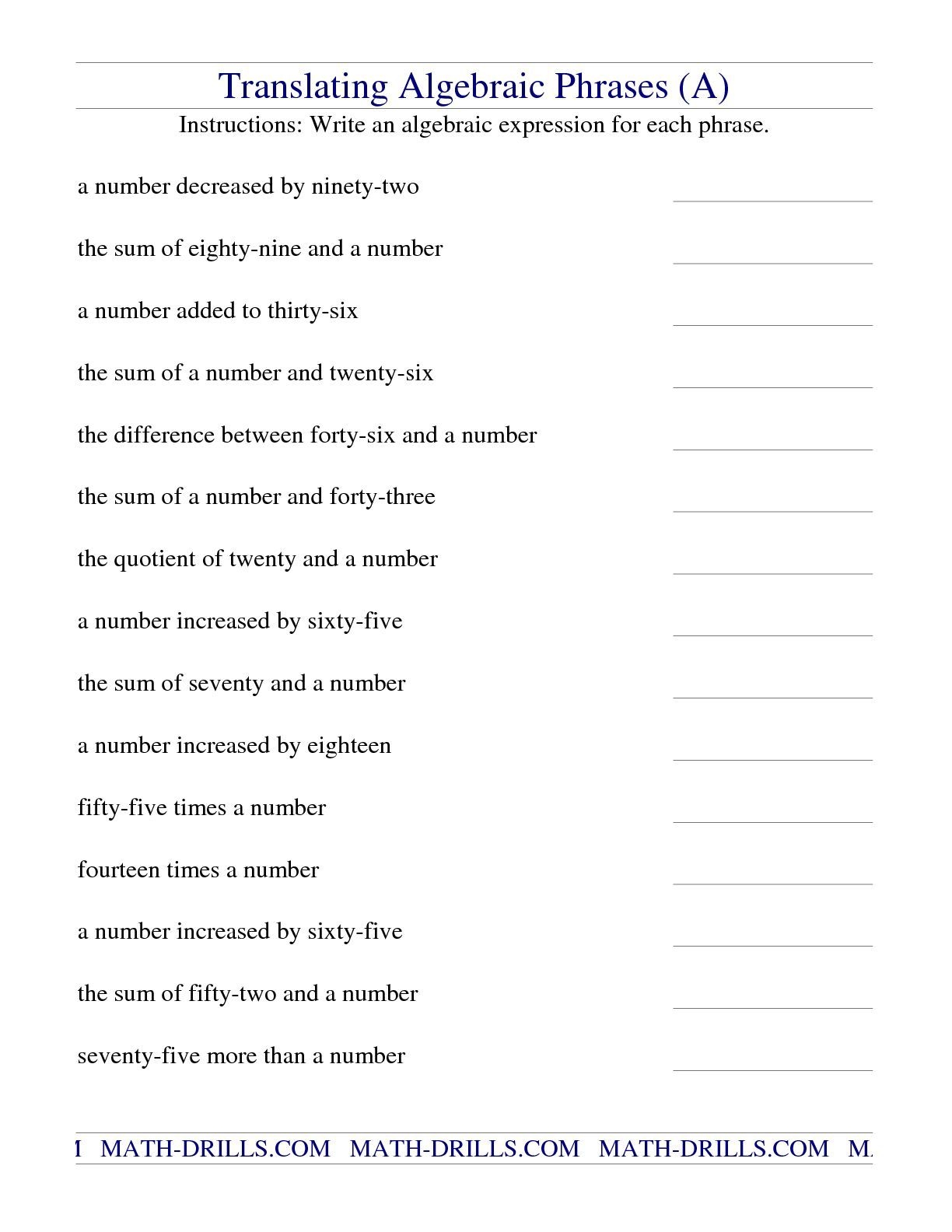 Algebraic Expressions Translate Phrases Worksheets Two Terms With Single Worksheets Library Algebraic Expressions Translate Phrases Worksheets Two Terms With Single Worksheets Library