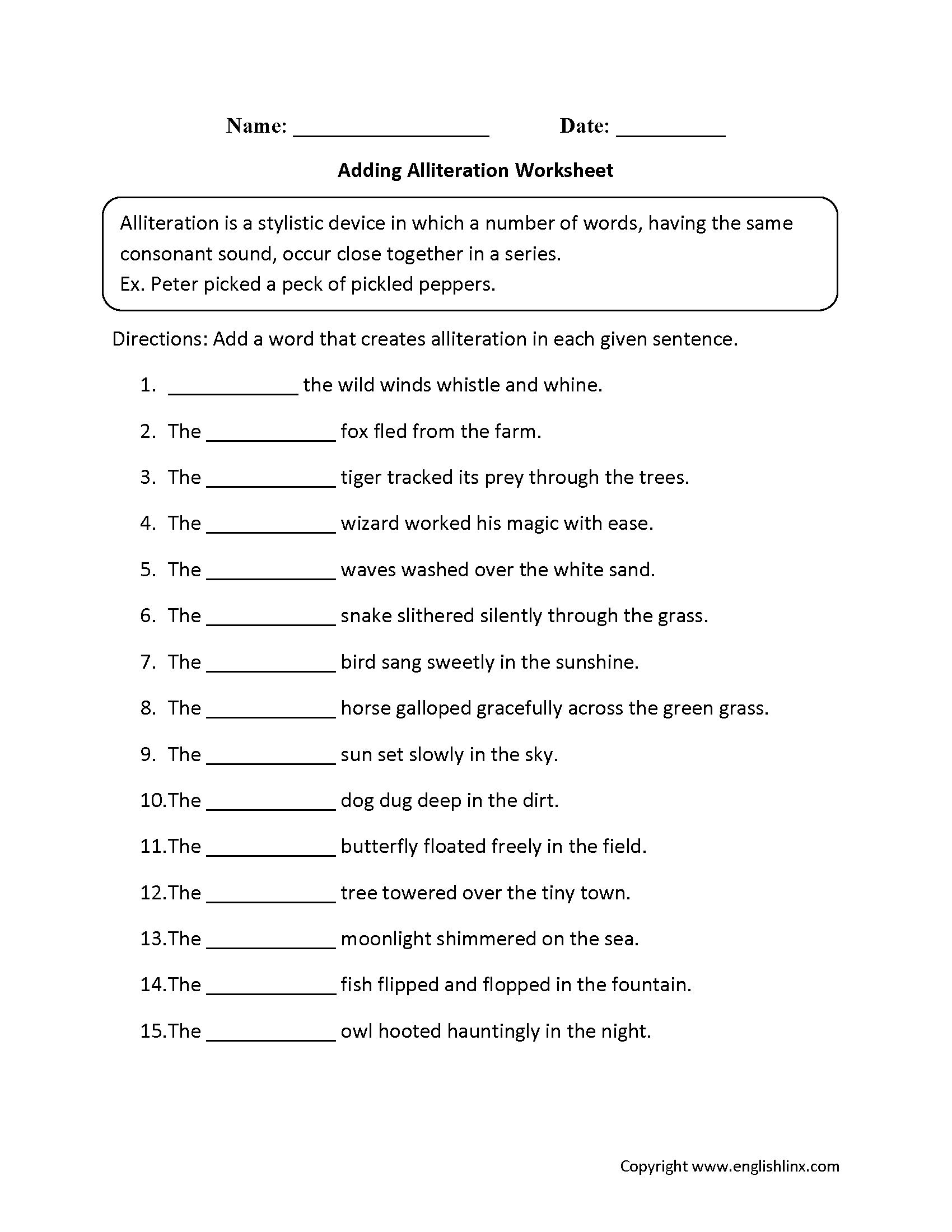 Alliteration Worksheets Adding Alliteration Worksheets