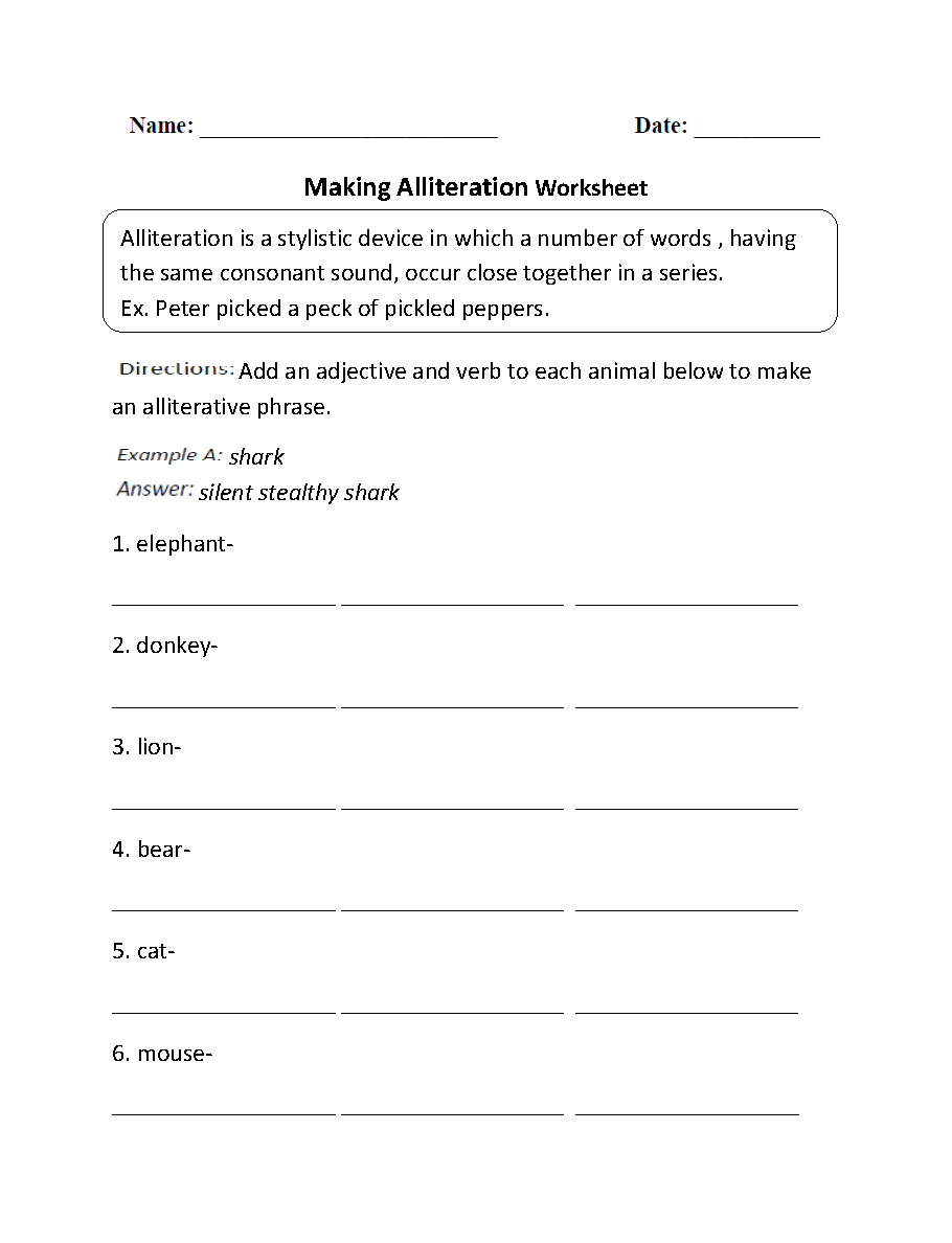 Alliteration Worksheets Making Alliteration Worksheet