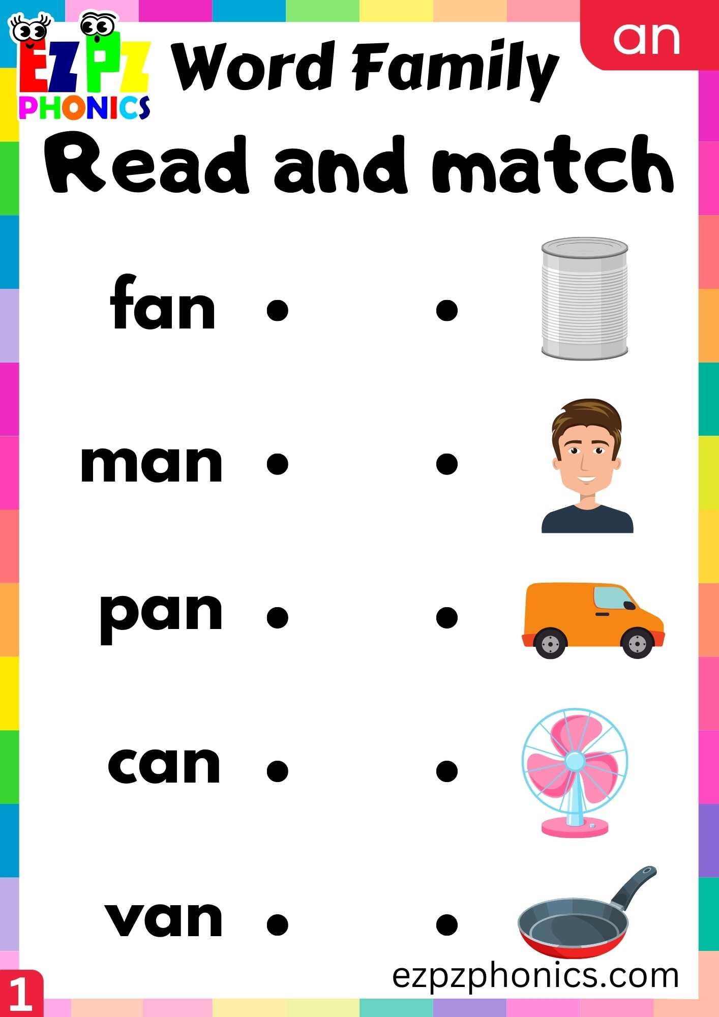 AN Words Read And Match Phonics Word Families Worksheet Ezpzphonics 22 Printable Roll And Read Word Families Worksheets Preschool Phonics Activity Etsy