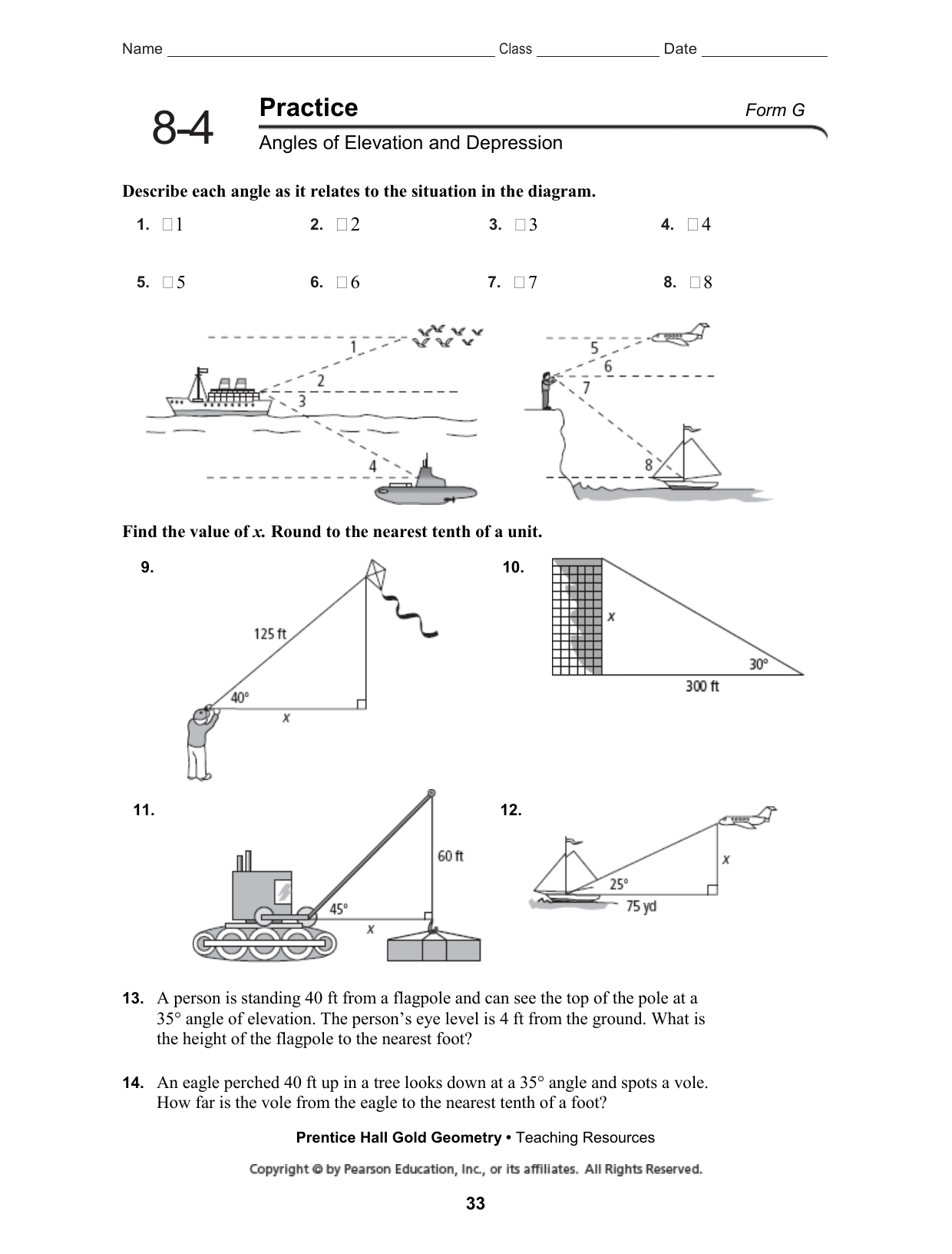 Angles Of Elevation Depression Geometry Worksheet Trigonometry Angle Of Elevation Depression T6 Answers Pdf