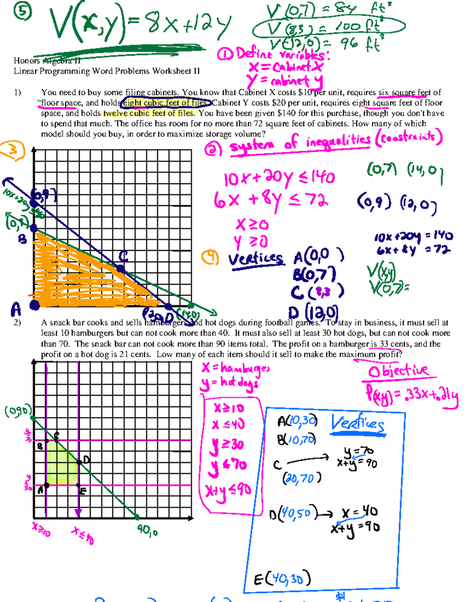 Answer Key For Linear Programming Word Problems II Algebra II Studocu