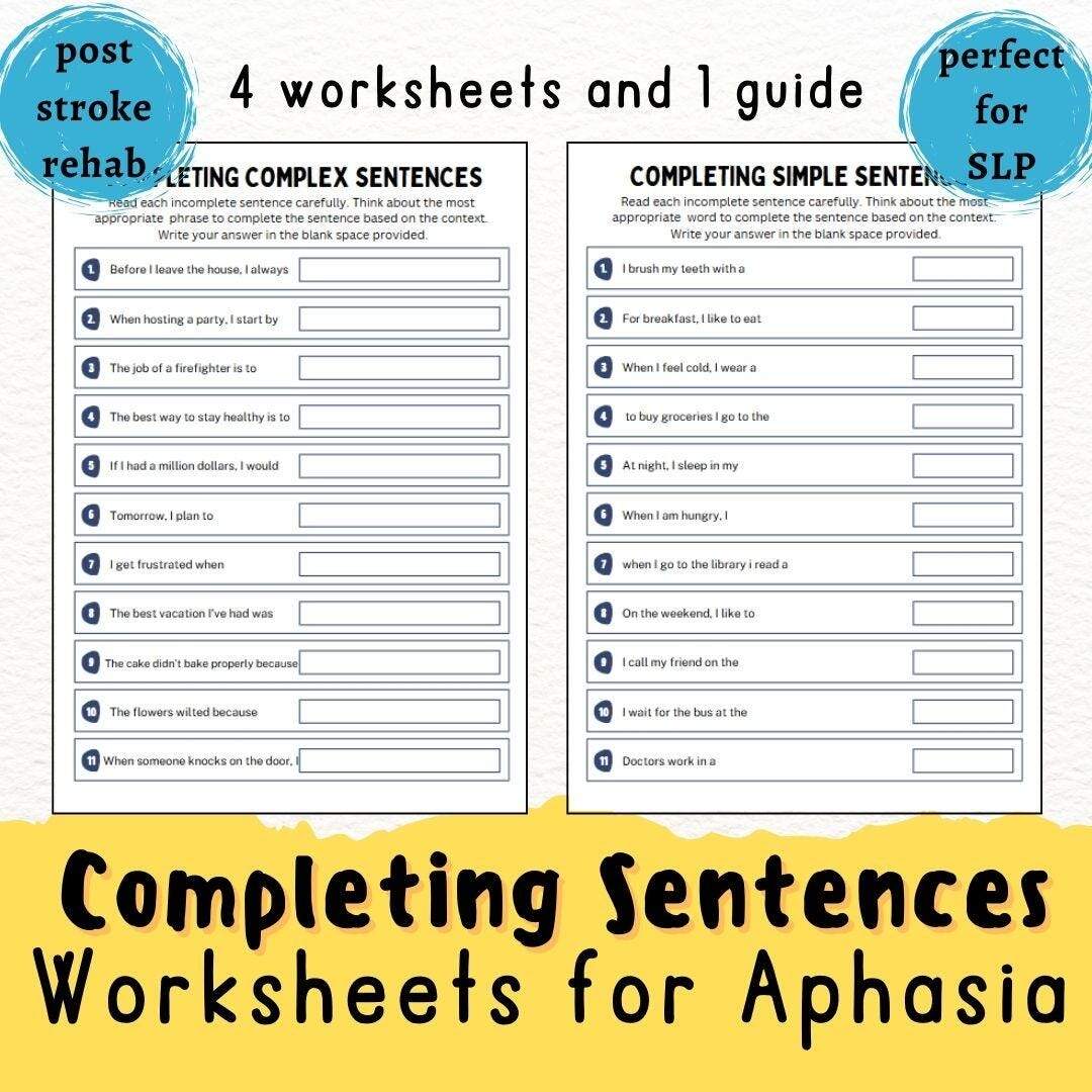 Aphasia Sentence Completion Worksheets Printable Speach Therapy Activity SLP Tools Caregiver Guide Stroke Rehabilitation Brain Exercise Etsy Aphasia Sentence Completion Worksheets Printable Speach Therapy Activity SLP Tools Caregiver Guide Stroke Rehabilitation Brain Exercise Etsy