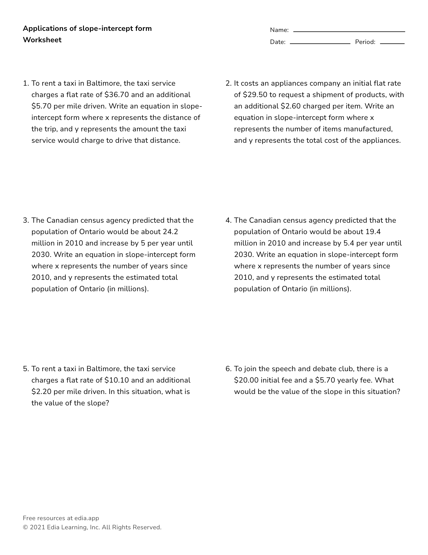 Applications Of Linear Slopes And Y Intercepts Worksheet Printable Grade 8 Writing Linear Equations Worksheets
