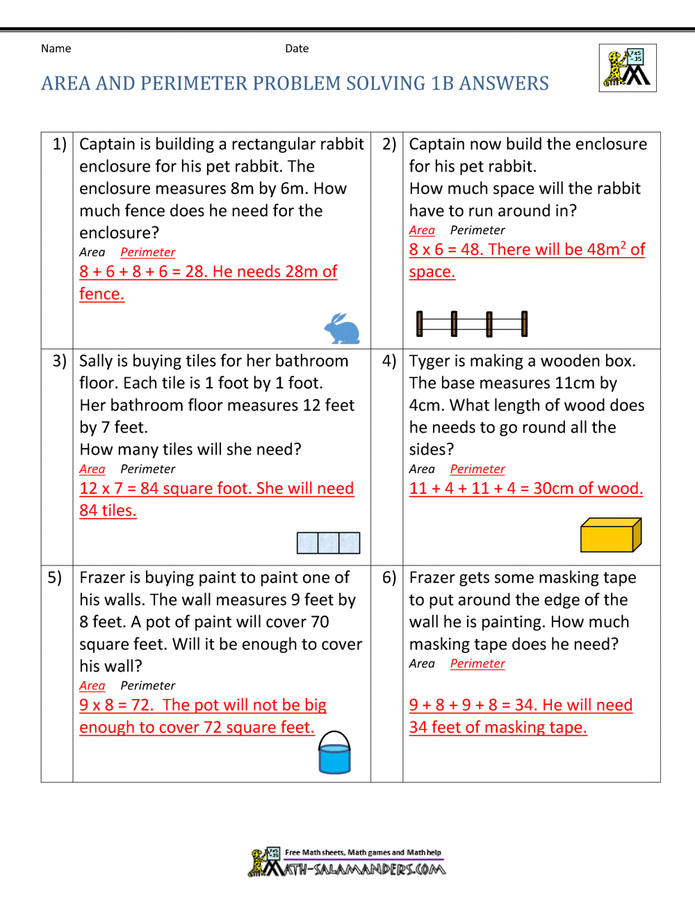Area And Perimeter Problem Solving 1B Answers