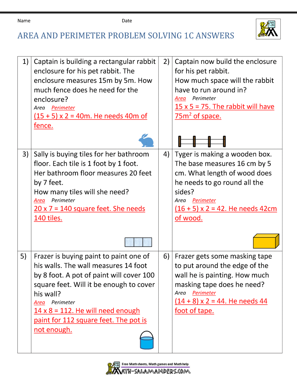 Area And Perimeter Problem Solving 1C Answers